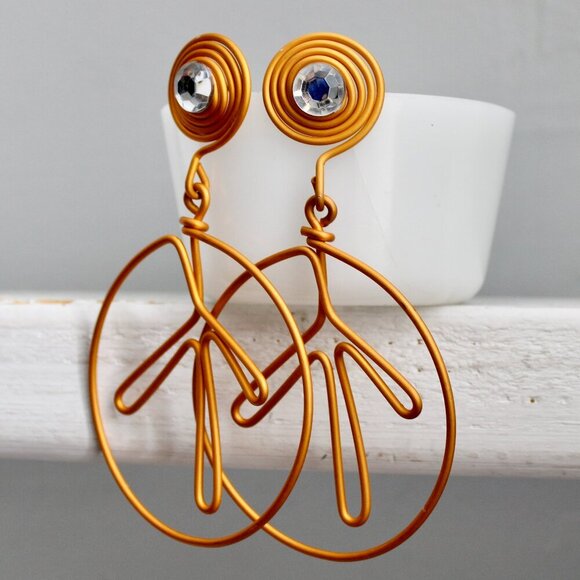 Vintage 90s Aluminum Wrap Wire Peace Sign Rhinestone Pierced Earrings NWT - Picture 2 of 4